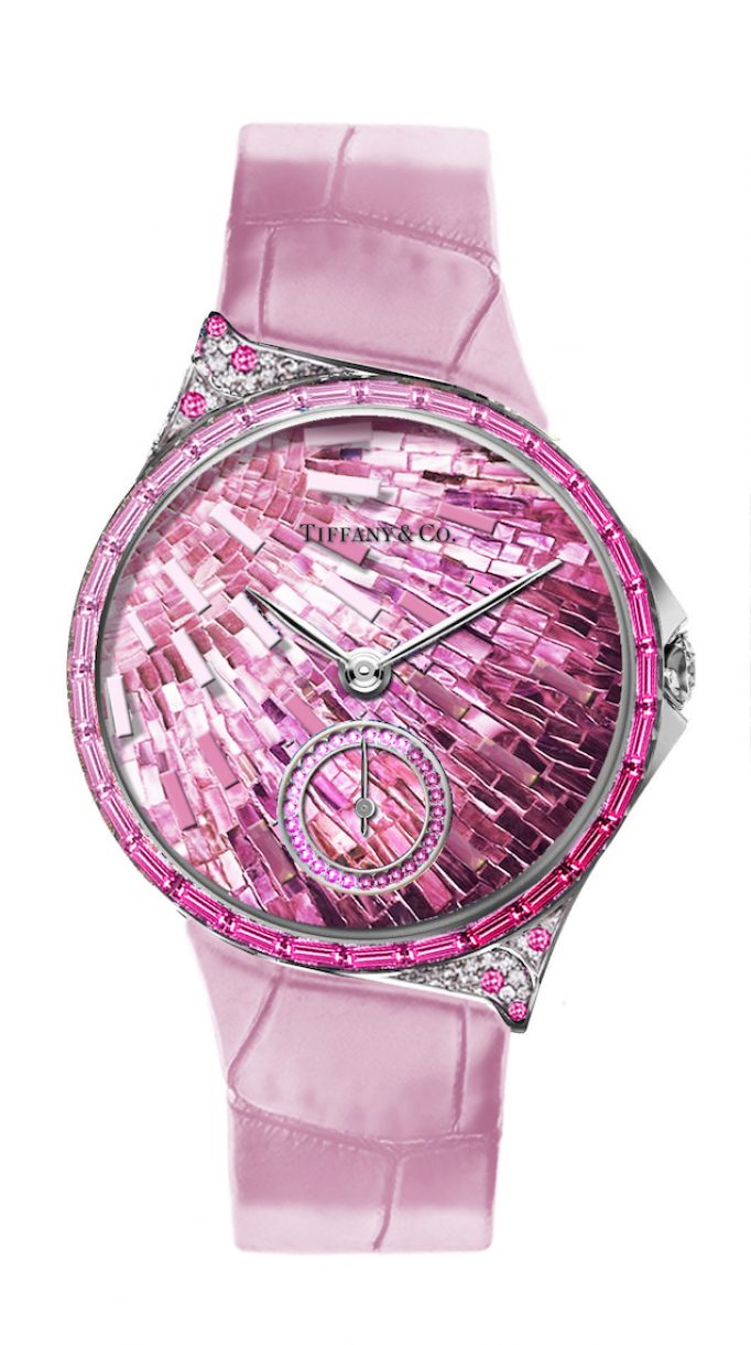 Tiffany Metro 34mm 馬賽克設計18K白金鑲嵌粉色剛玉、鑽石與彩色寶石高級珠寶腕錶，參考售價NTD4,130,000。