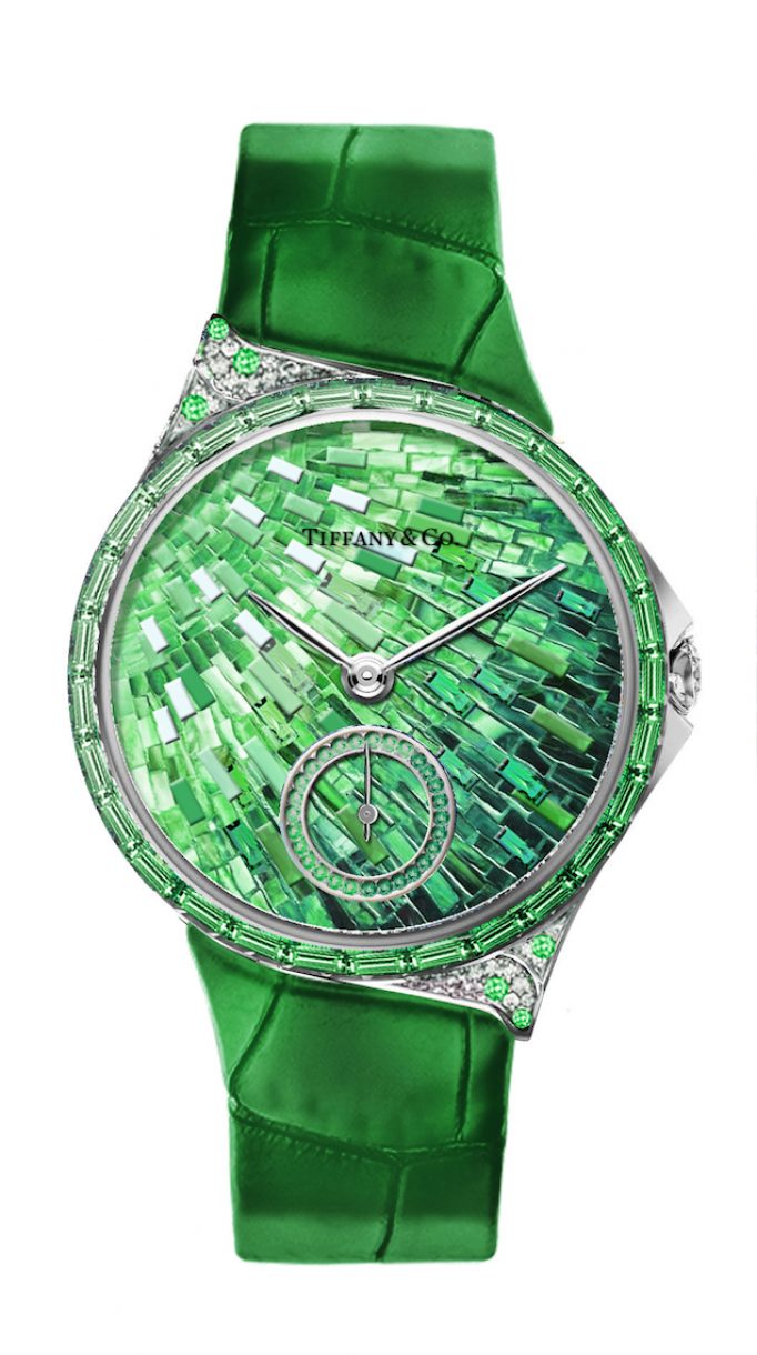 Tiffany Metro 34mm 馬賽克設計18K白金鑲嵌沙弗萊石、鑽石與彩色寶石高級珠寶腕錶，參考售價NTD4,130,000。