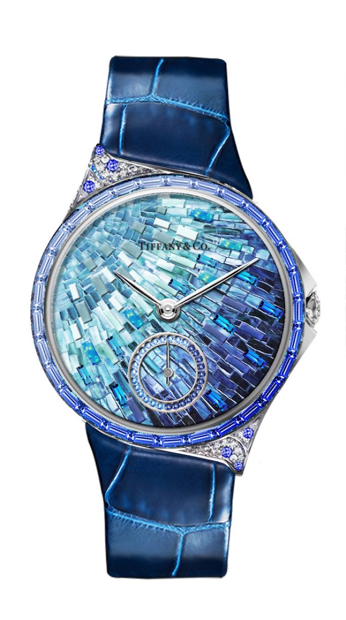 Tiffany Metro 34mm 馬賽克設計18K白金鑲嵌藍寶石、鑽石與彩色寶石高級珠寶腕錶，參考售價NTD4,130,000。
