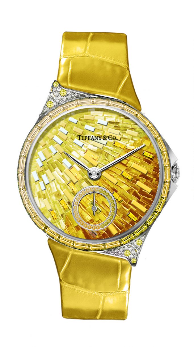 Tiffany Metro 34mm 馬賽克設計18K白金鑲嵌黃色剛玉、鑽石與彩色寶石高級珠寶腕錶，參考售價NTD4,130,000。