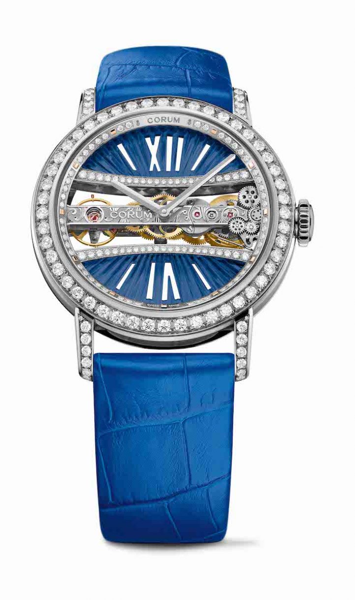 CORUM 金橋系列圓形鑽錶藍色白金錶殼款，錶徑39毫米，參考售價NTD 1,932,000