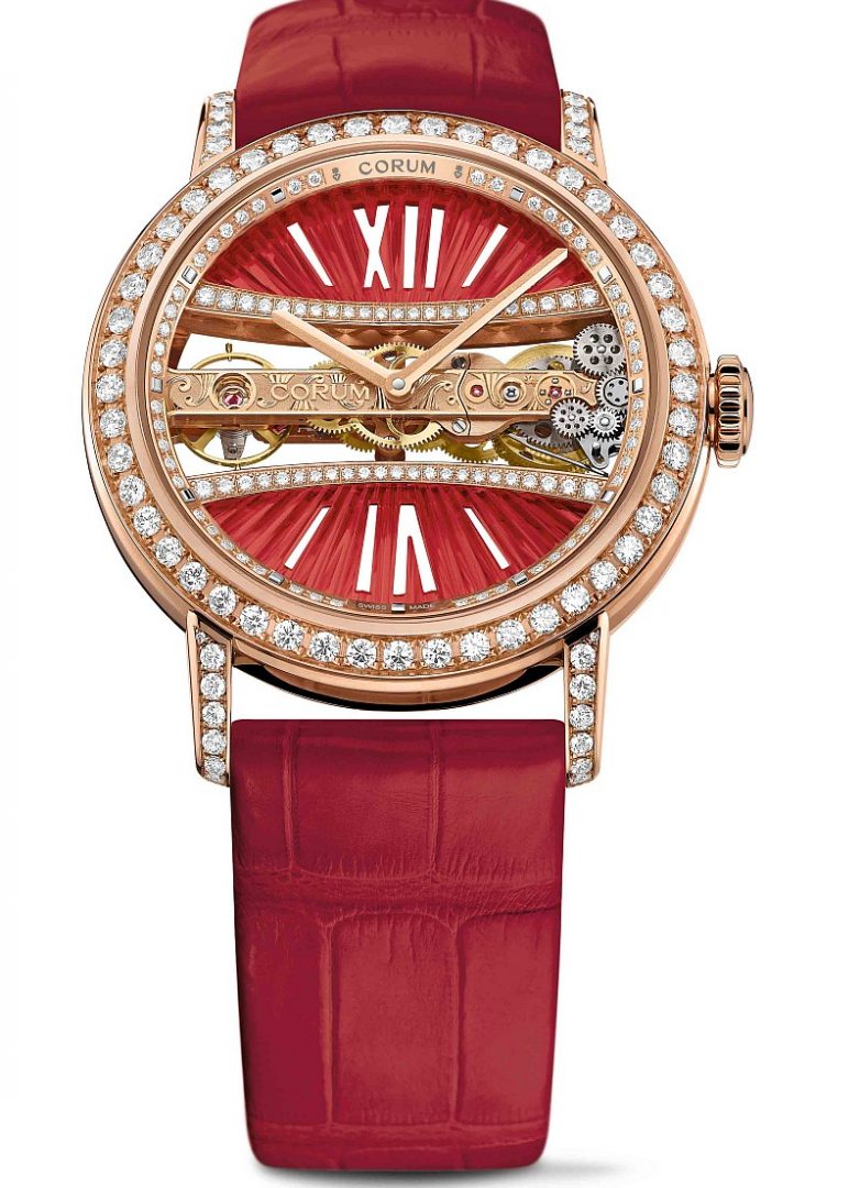 CORUM 金橋系列圓形鑽錶，玫瑰金錶殼，錶徑39毫米，建議售價NTD1,739,000。