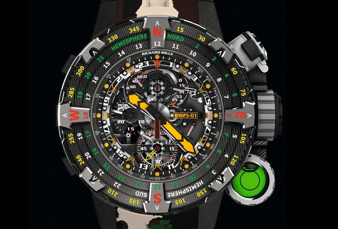 RM 25-01 Tourbillon Adventure充滿多樣功能，錶盤上的指針靈感來自RICHARD MILLE先生最喜愛的機械零件。