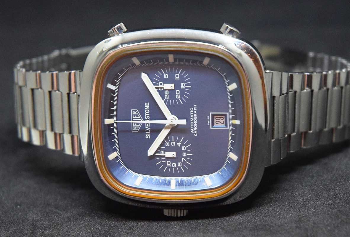 1974年的Silverstone腕錶，以Monaco系列為靈感，將四角修飾較為圓滑。
