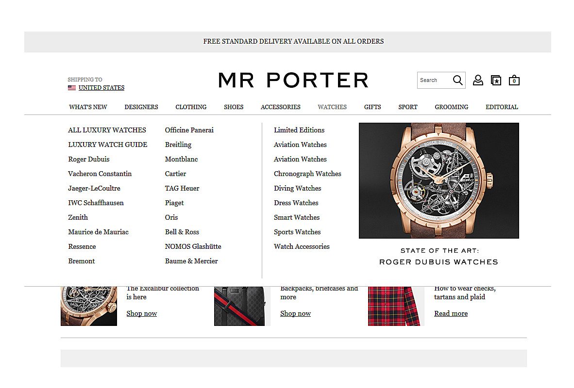 男性時尚購物網站MR PORTER鐘錶頁面截圖。
