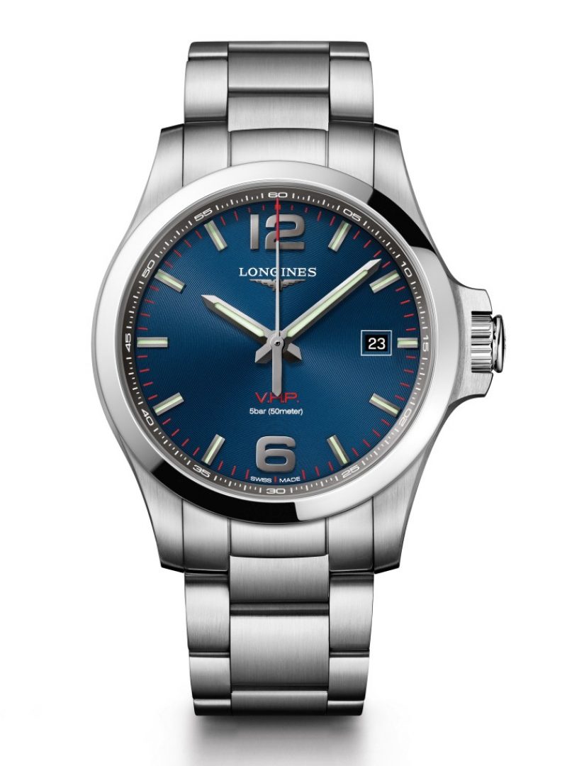 Longines 浪琴表征服者系列 V.H.P.大三針腕錶，藍色面盤款式，建議售價NTD34,200。