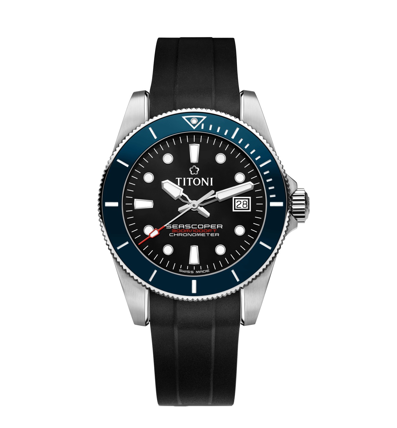 Titoni Seascoper 300米潛水錶不鏽鋼錶殼，錶徑42毫米，高質感陶瓷錶圈，時、分、秒、日期，SW 200-1自動上鍊機芯，動力儲存40小時，C.O.S.C.認證，藍寶石水晶玻璃鏡面，防水300米，不鏽鋼鍊帶，錶帶快調延伸裝置，建議售價NTD 54,000(橡膠錶帶)/56,000(鍊帶)。